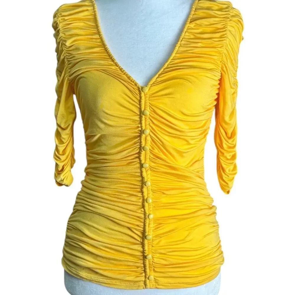 Sunday in Brooklyn Womens Yellow Ruched Button Front Soft Girl Boho Top Sz XXS - Picture 4 of 6